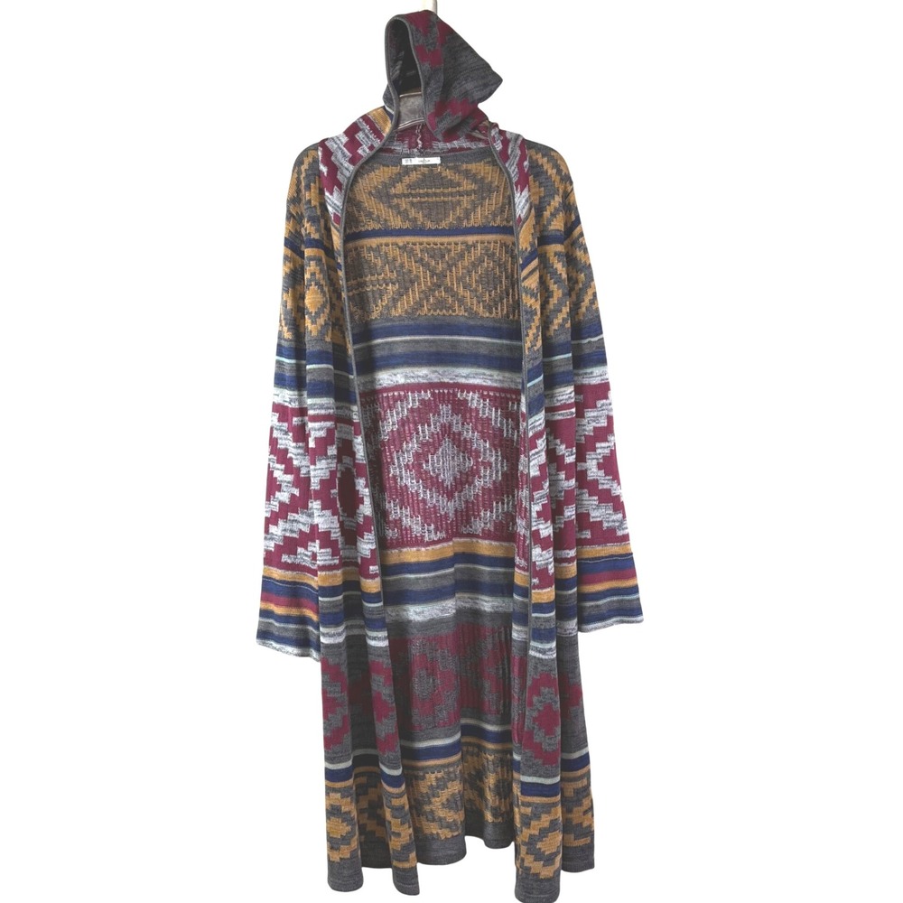GRIFFLIN Paris M  L Geometric Tribal Print Hooded Duster Cardigan‎ Sweater Long